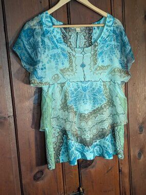 Cute Emerge World Wear Top -Sheer -Tunic -Blue /green -Short flare sleeves -Sz S